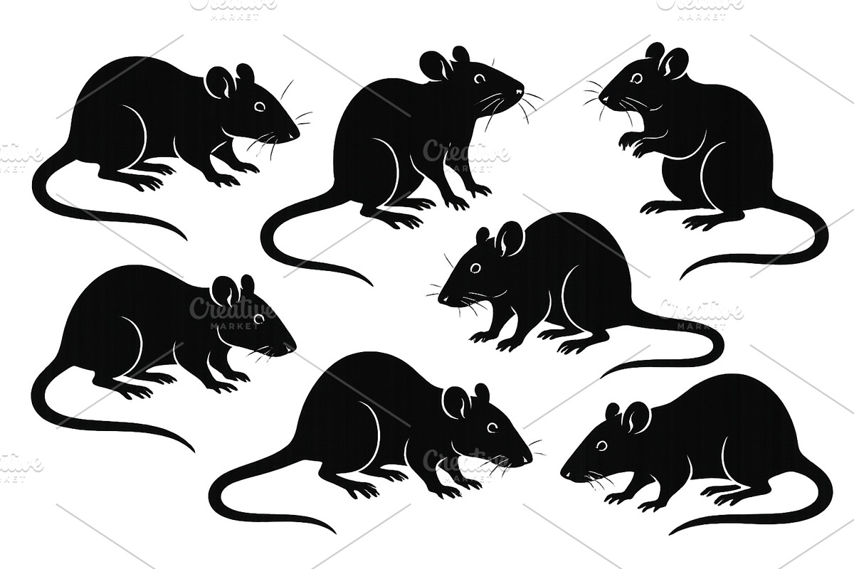 Six black silhouette mice in various, an Animal Illustration by ZinetroN