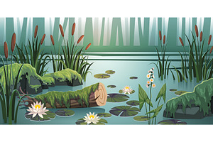 Pond landscape. Swamp, lake location, an Object Illustration by YummyBuum