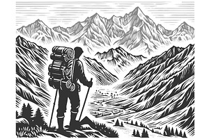 Hiker Overlooking Mountain Valley, a Person Illustration by AlexArt