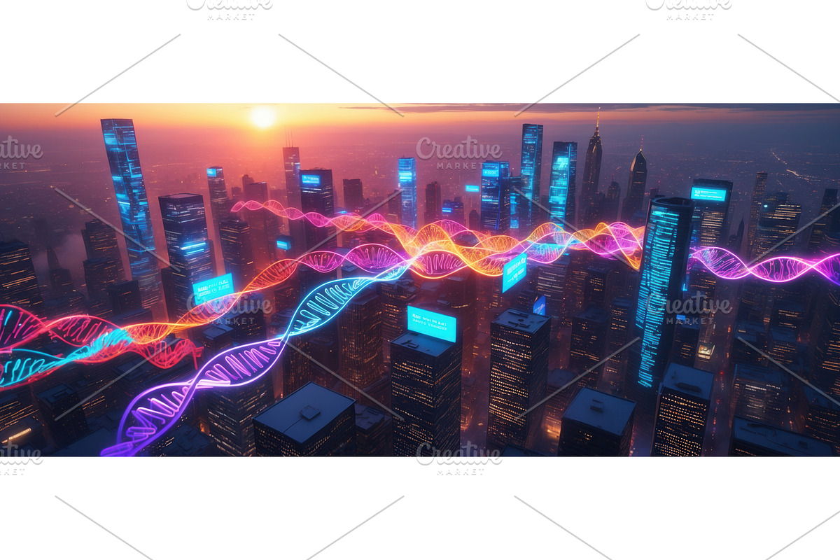 Futuristic cityscape at sunset with, an Illustration by tilialucida