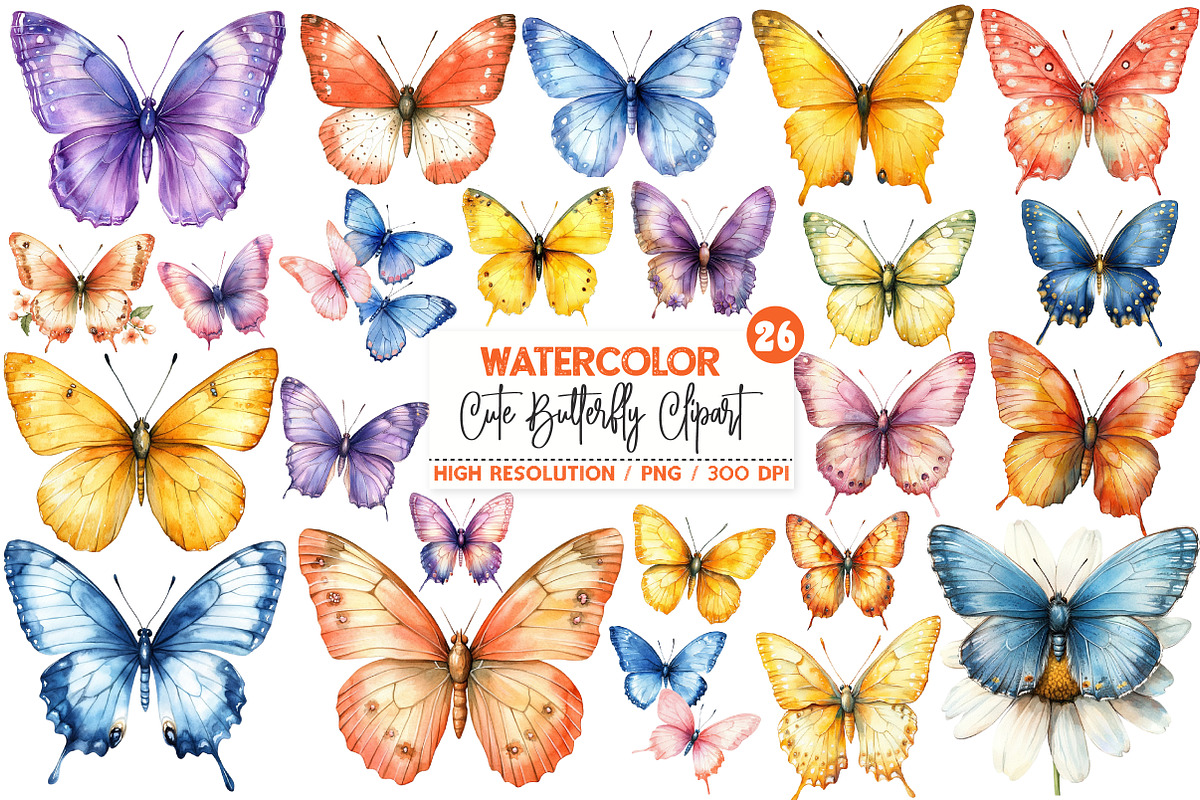 Watercolor Cute Butterfly Clipart, an Illustration by SinaCreation (Photo 1 of 5)