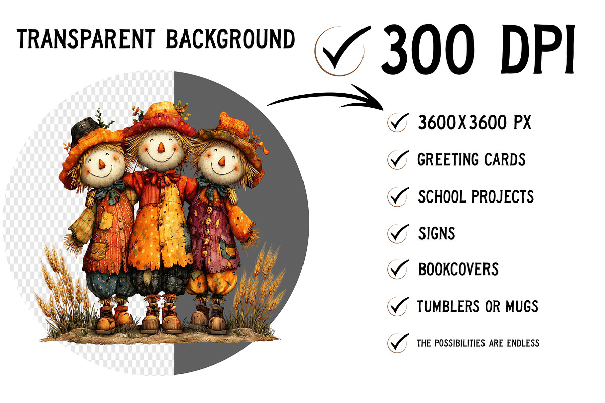 Whimsical Scarecrow Trio PNG, a Seasonal Illustration by Craft Nest (Photo 2 of 6)