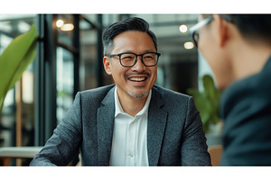 Asian businessman in glasses smiling, a Person Photo by Sergey Kotenev
