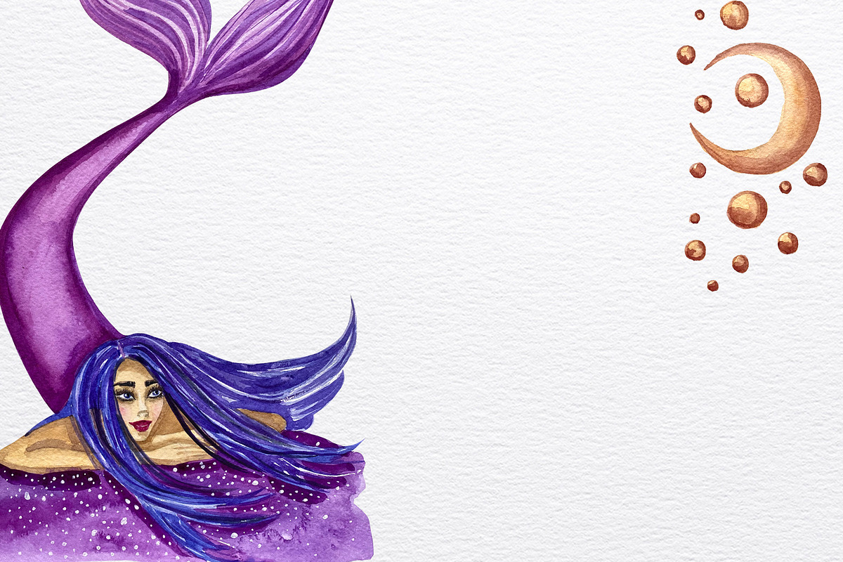 Watercolor beautiful mermaid clipart, an Animal Illustration by Fresh art by Larysa (Photo 3 of 6)
