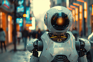 AI robot standing on city street, a Photo by AlyaAnd