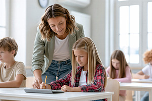 Teacher helping student in classroom, a School & Education Photo by 7DesignLab