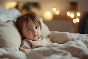 Sad little baby girl is lying in bed, a Person Photo by Lenor4ik