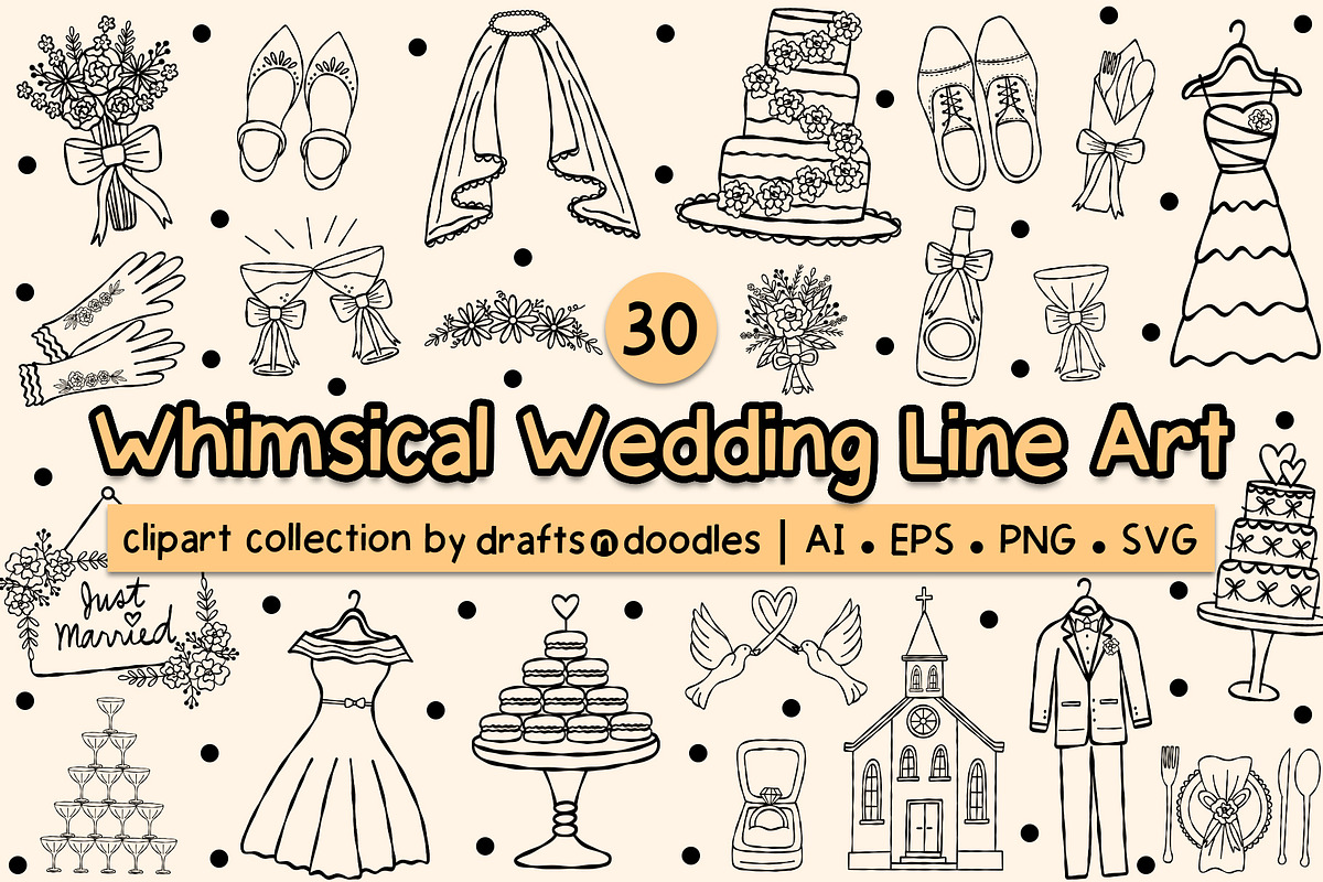 Whimsical Wedding Line Art Clipart, an Object Illustration by Drafts n Doodles (Photo 1 of 3)
