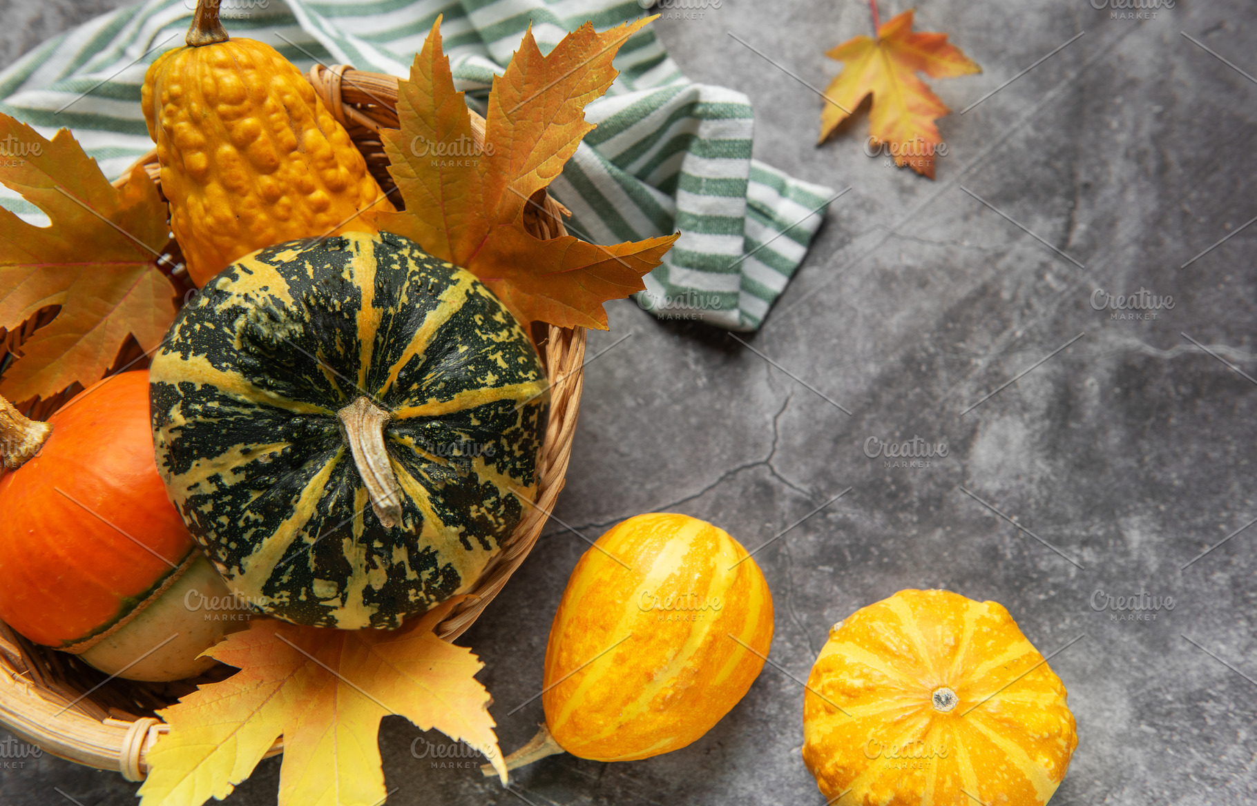Assorted pumpkins gourds and autumn leaves celebrating fall harv, a Food & Drink Photo by Olena Rudo