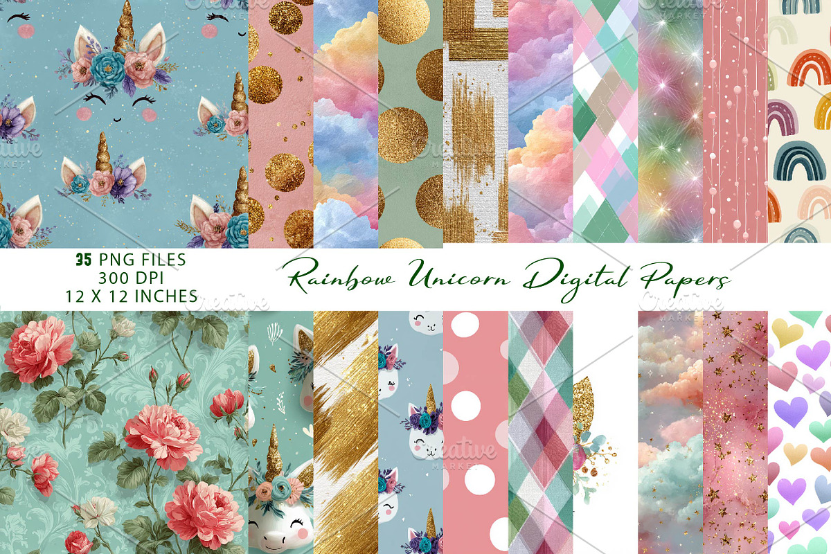 Rainbow Unicorn Digital Papers, a Pattern Graphic by CreationArt (Photo 1 of 4)