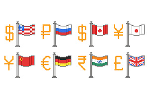 Currency signs and flags. Countries, a Finance Illustration by YummyBuum