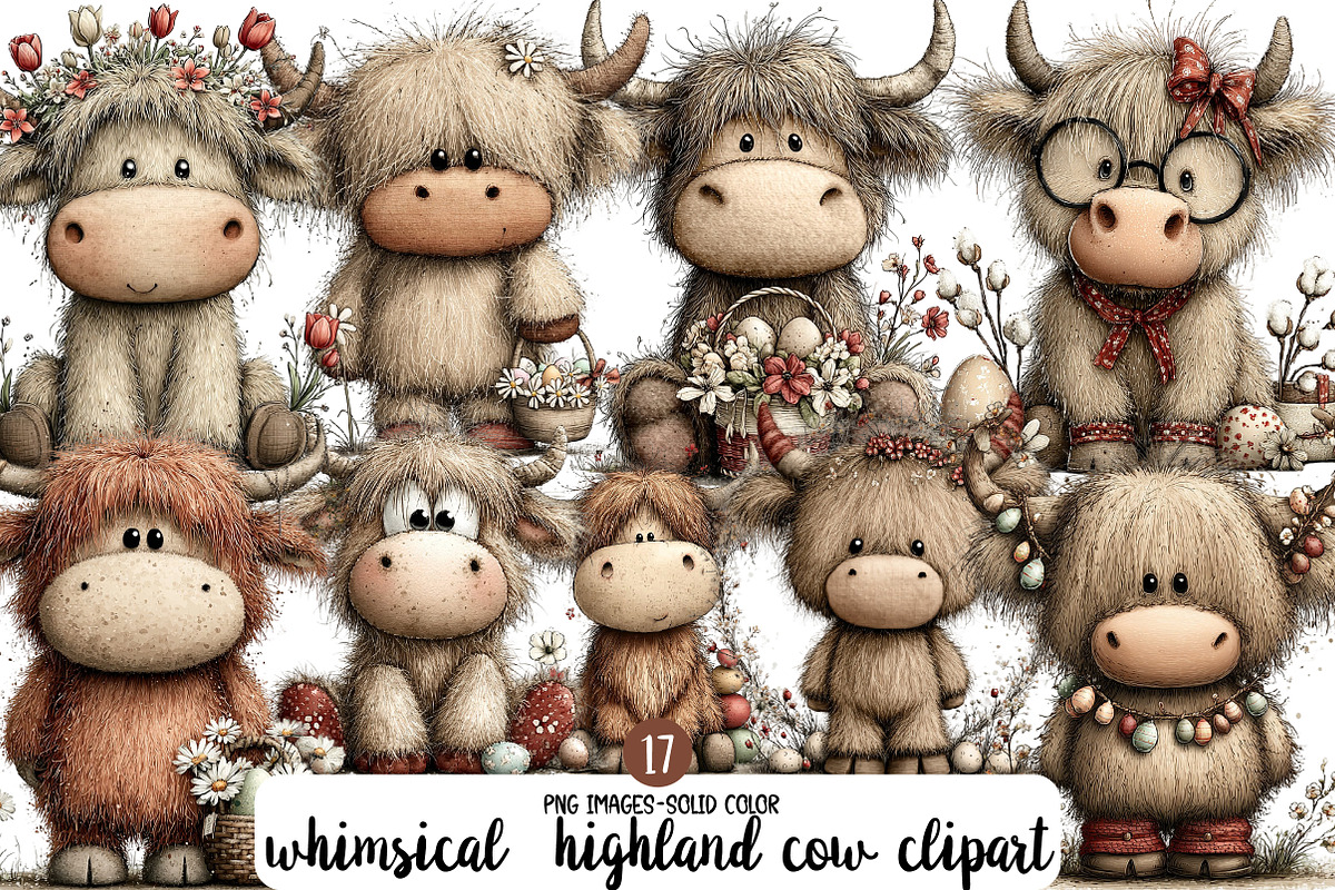 whimsical highland cow clipart, an Illustration by Designworld (Photo 1 of 4)