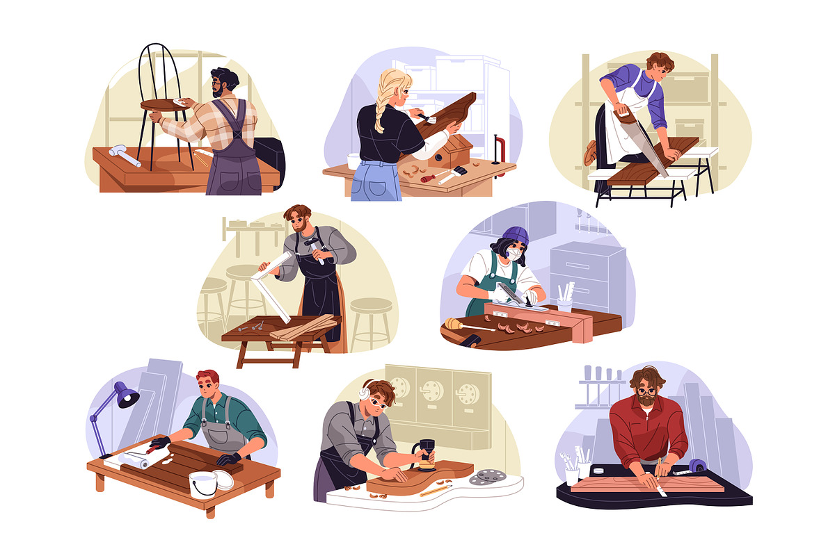 Carpenters work with wood set, a Work Illustration by PaperTrident (Photo 1 of 9)
