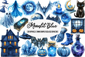 Moonlit Blue Halloween Clipart, an Illustration by Daily.Designs