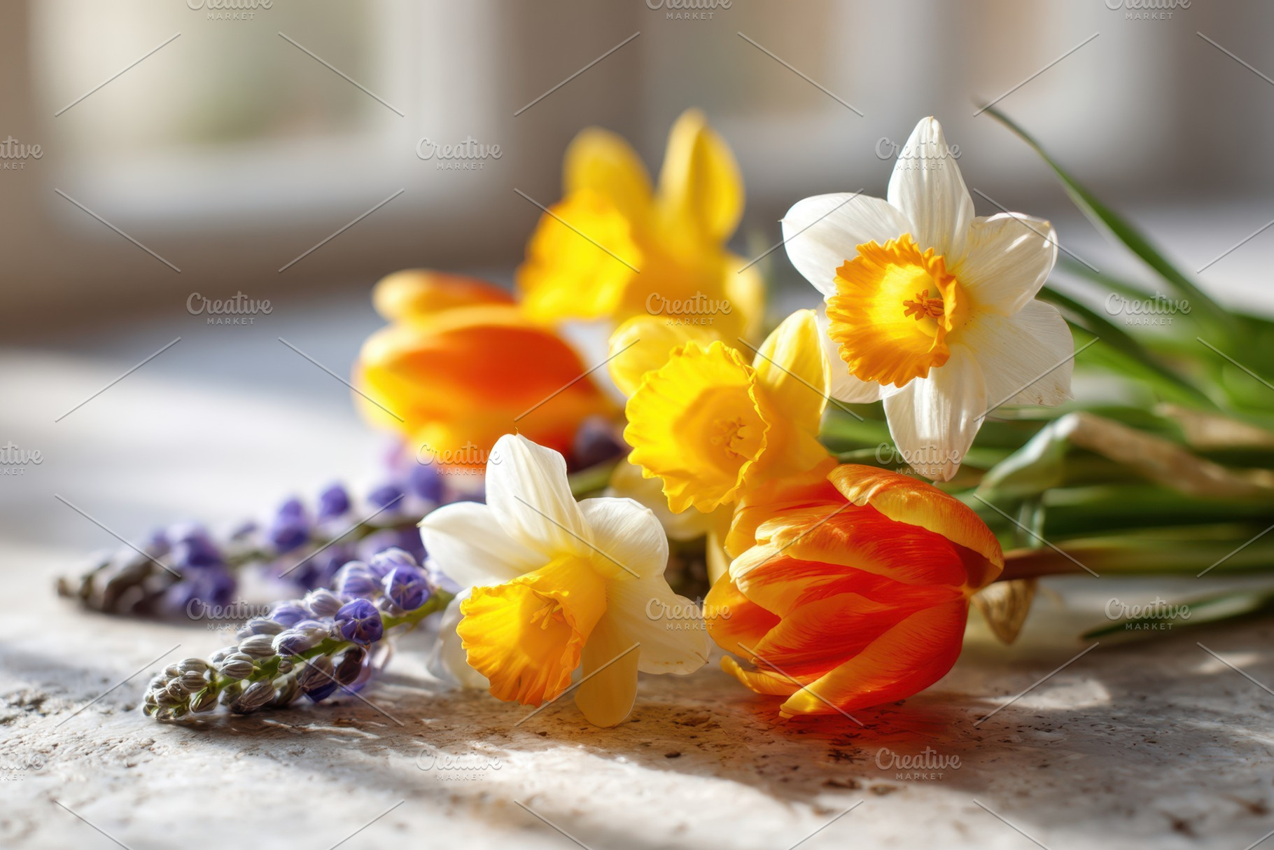 Spring flowers bouquet with daffodils, tulips and lavender, a Nature Photo by AlyaAnd