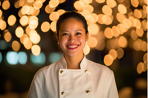 Confident asian female chef smiling, a Food & Drink Photo by Lermont51