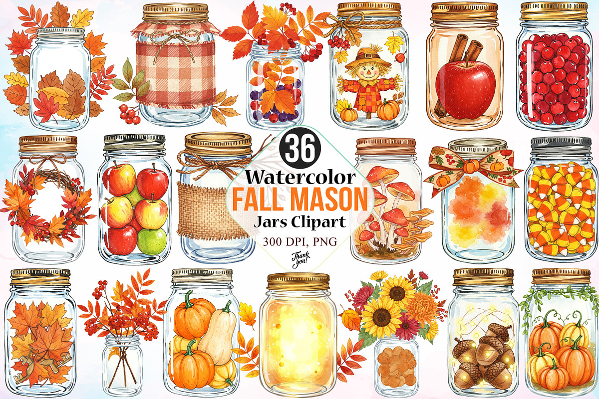 Watercolor Fall Mason Jars Clipart, an Illustration by Canvas Craft (Photo 1 of 4)