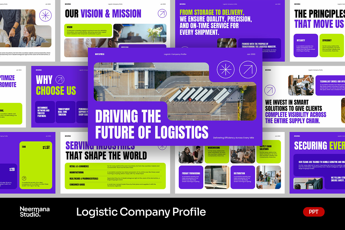Purple Logistic Company Profile PPT, a Presentation Template by Neermana (Photo 1 of 4)