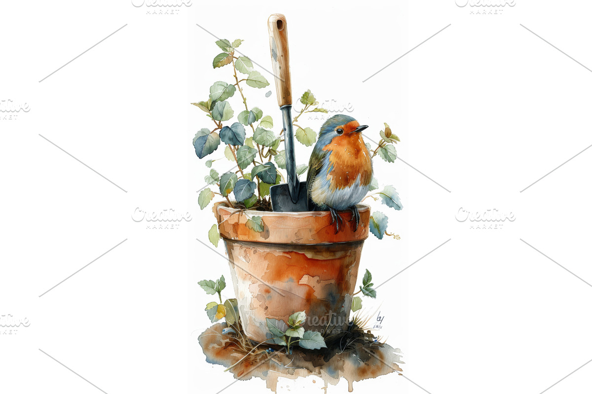Robin on Flowerpot with Small Spade, an Illustration by tilialucida