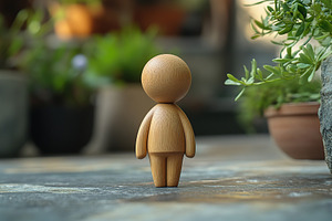 A wooden human figure with rounded features poses upright on a rough surface, b, an Abstract Photo by AlyaAnd
