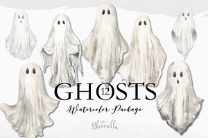 Watercolor Halloween Ghosts Clipart, an Object Graphic by Bloomella