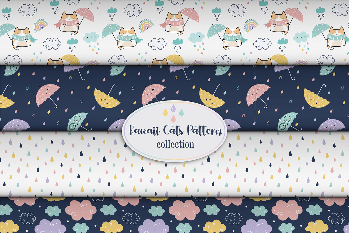 Kawaii Cat in the Rain Digital Paper, a Pattern Graphic by lindoet23 (Photo 3 of 7)