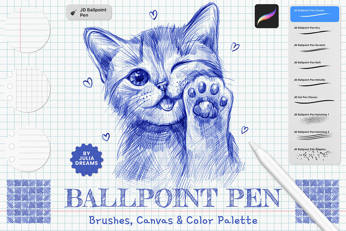 Ballpoint Pen Brushes for Procreate, a Brush Add-On by Julia Dreams (Photo 1 of 6)