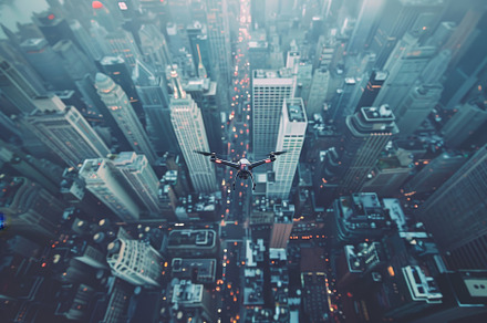 A drone soars over a vibrant city sk, a Photo by Tanuart