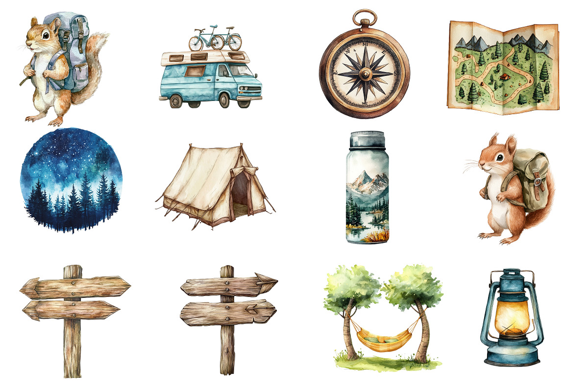 Watercolor Camping Hiking Clip Art, an Illustration by Designworld (Photo 2 of 6)