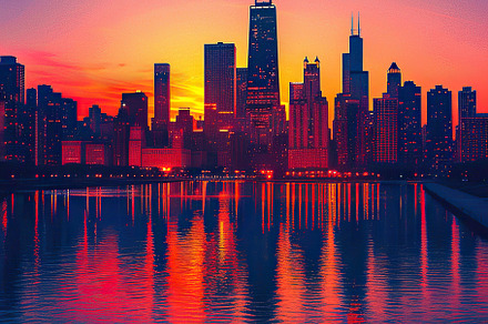 Dramatic sunset over a dense urban s, a Photo by LOGOCREATIVE