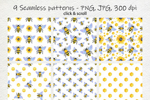 Watercolor Bee Clipart & Patterns