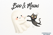 Watercolor Halloween Ghost Black Cat, a Seasonal Illustration by SugarCloudStudioArt (Thumbnail 1 of 4)