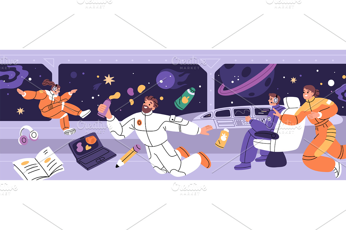 Spaceship interior with astronauts, a Technology Illustration by YummyBuum