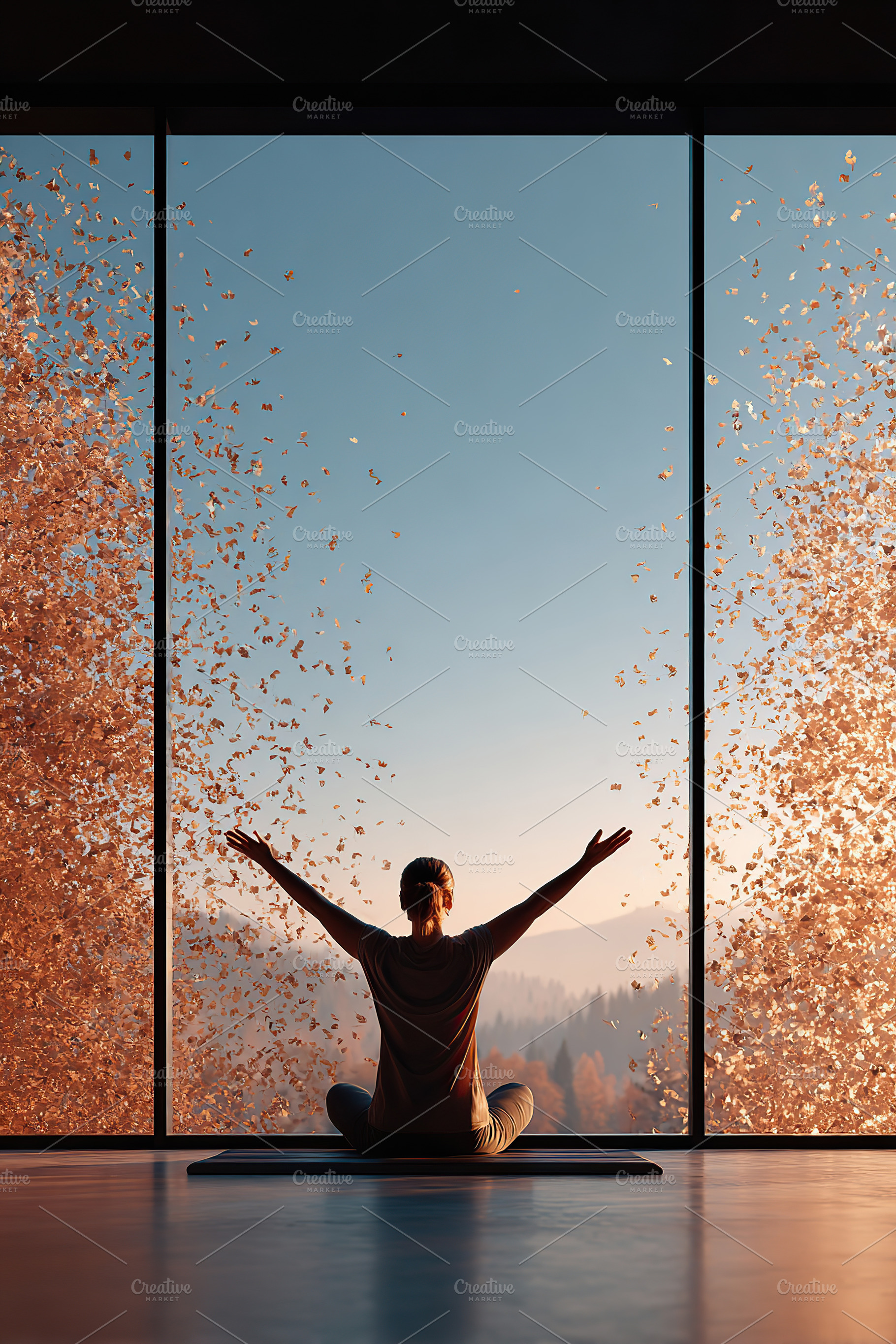 Person stretches peacefully in front of large windows with falling leaves at su, a Photo by AlyaAnd