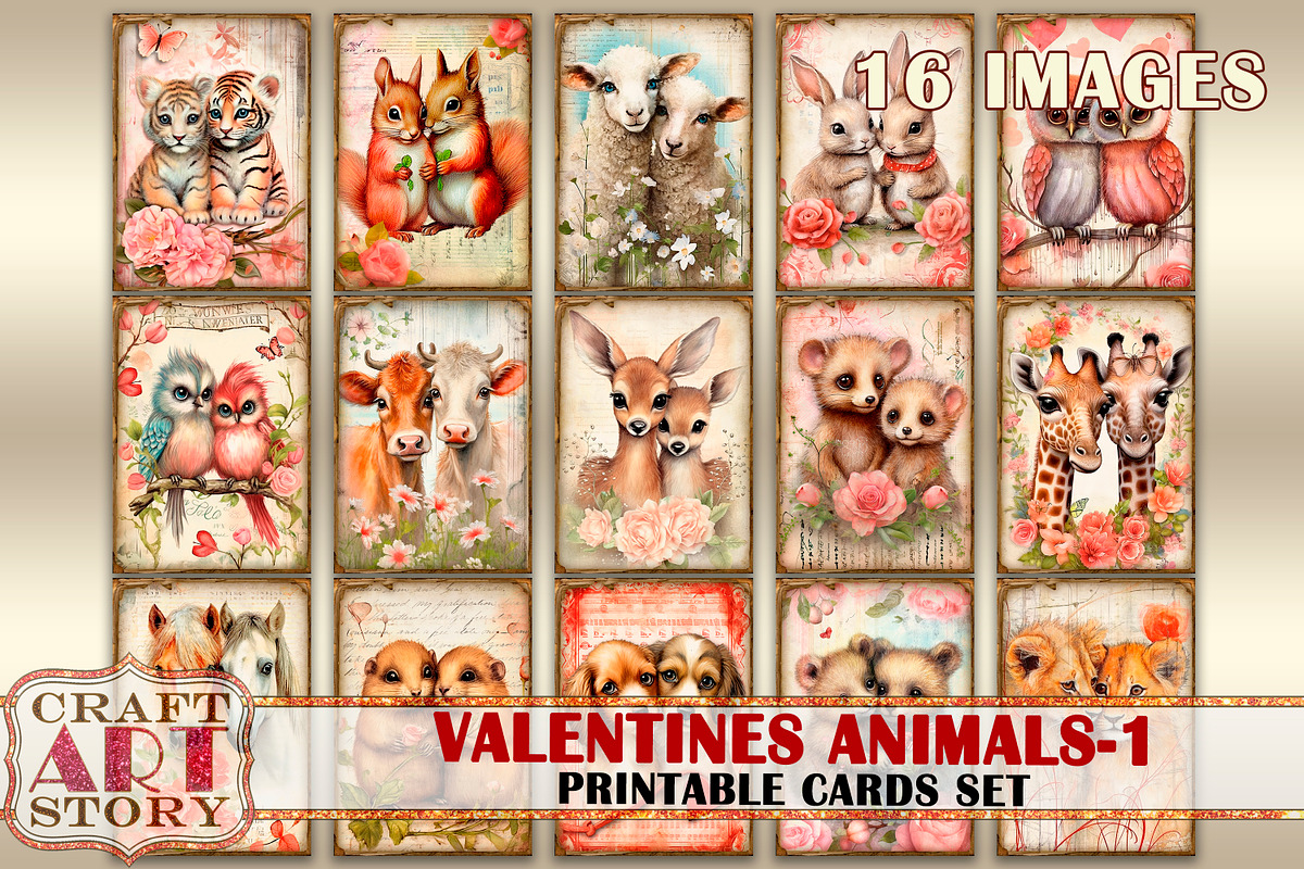 Valentines animals cards set-1, an Animal Illustration by CraftArtStory (Photo 1 of 6)