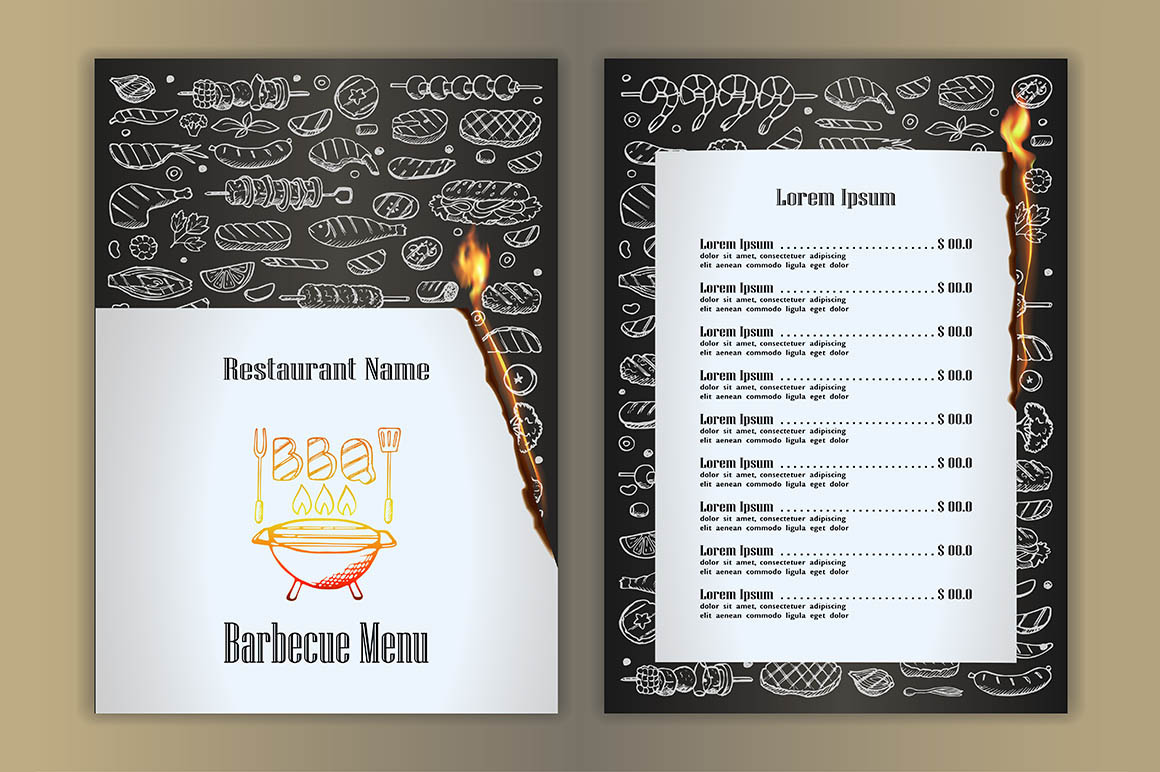 3 Fire Grill-BBQ Menus, a Product Mockup by Elena Lux