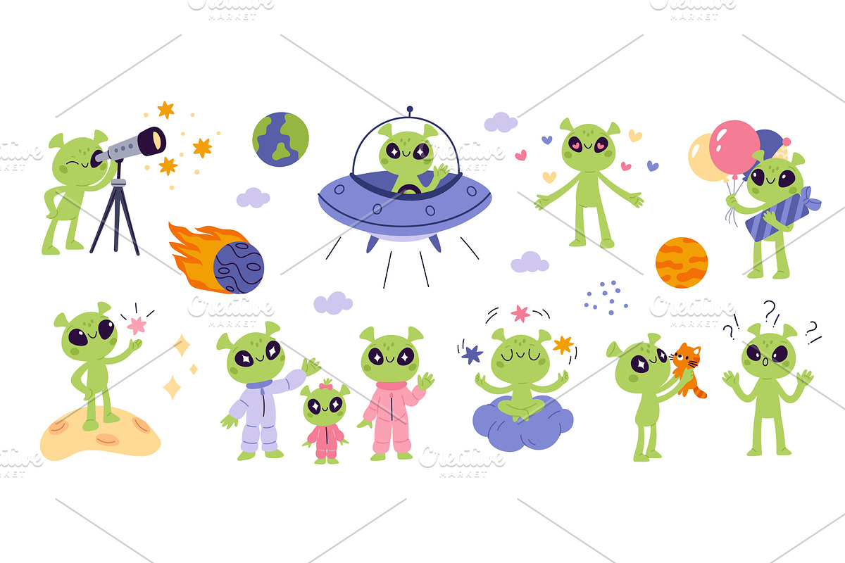 Cute green alien characters. Cartoon, a Person Illustration by YummyBuum
