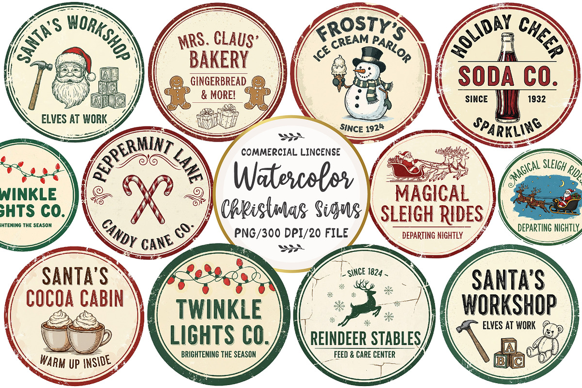 Vintage Christmas Signs Sublimation, an Illustration by OK Design (Photo 1 of 5)