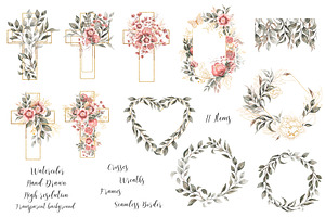 Watercolor Floral Cross, Wreath Set