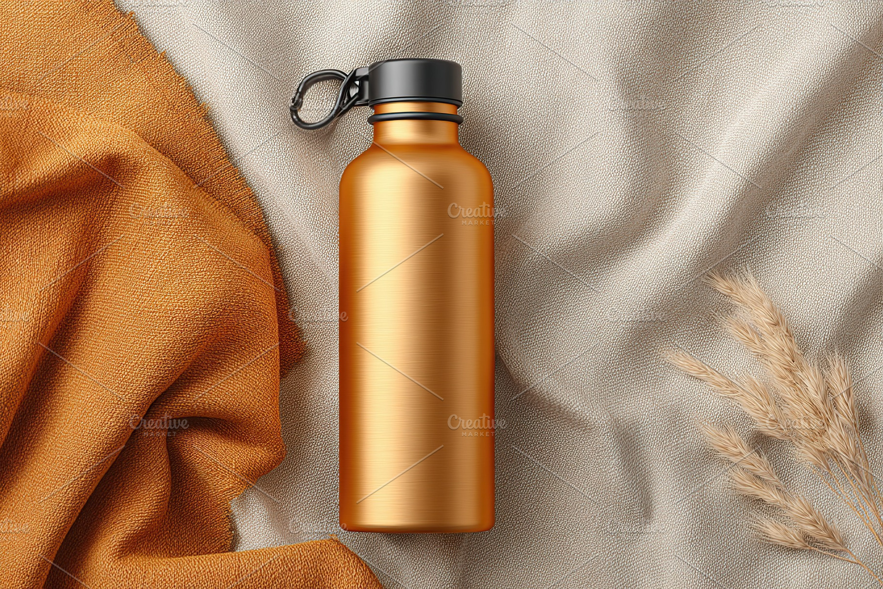 Stylish metal bottle mockup displayed on soft neutral fabric with warm tones, a Beauty & Fashion Photo by AlyaAnd