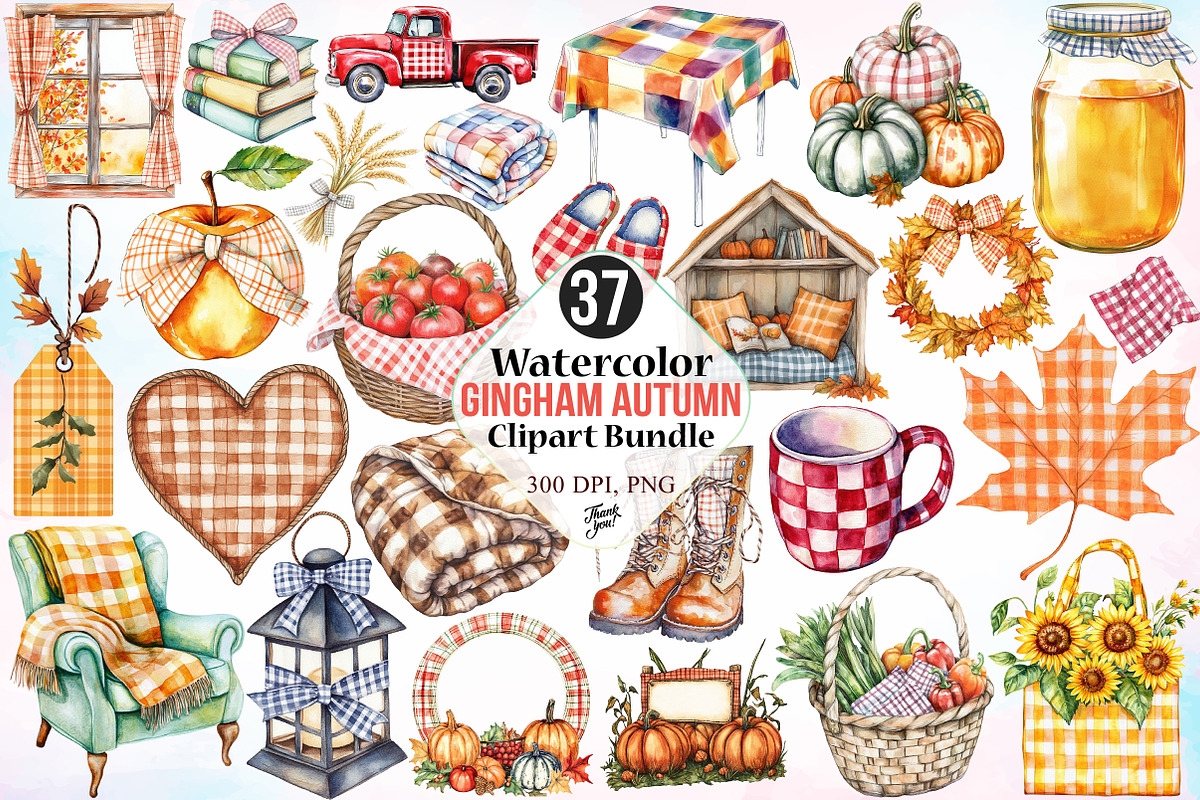 Watercolor Gingham Autumn Clipart, an Illustration by Canvas Craft (Photo 1 of 3)