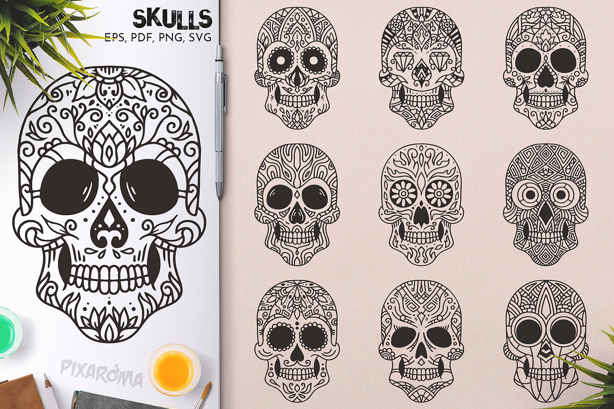 100 Decorative Vector Skulls, a Decorative Illustration by pixaroma (Photo 8 of 37)