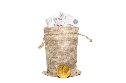 a bag of money and bitcoin isolated, a Business Photo by AlexBush