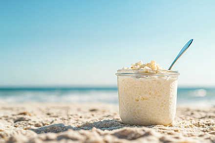 Creamy rice pudding in a jar sits on, a Photo by Iftikhar Alam