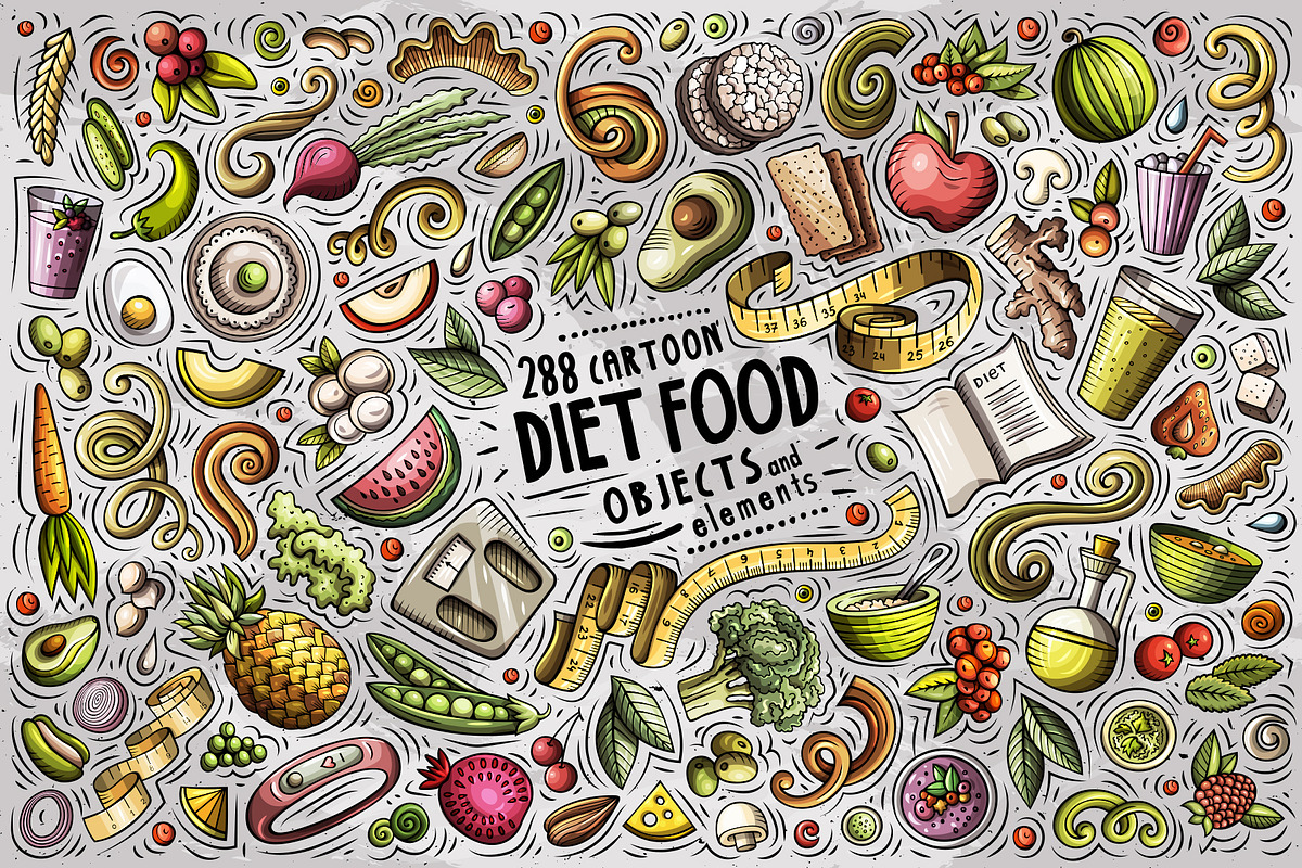 Diet Food Cartoon Vector Objects Set, an Object Graphic by BALABOLKA (Photo 1 of 4)