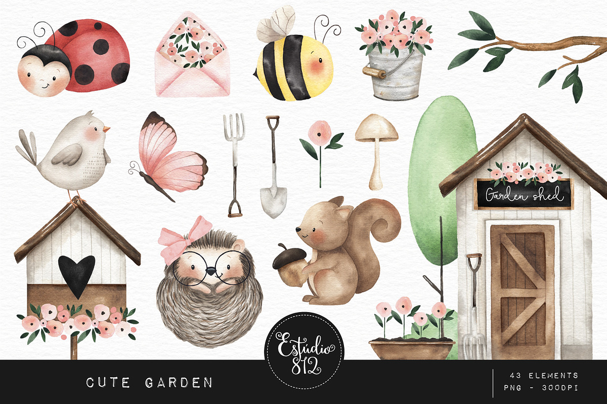 Cute garden watercolor clipart set, an Animal Illustration by Estudio 812 (Photo 1 of 8)