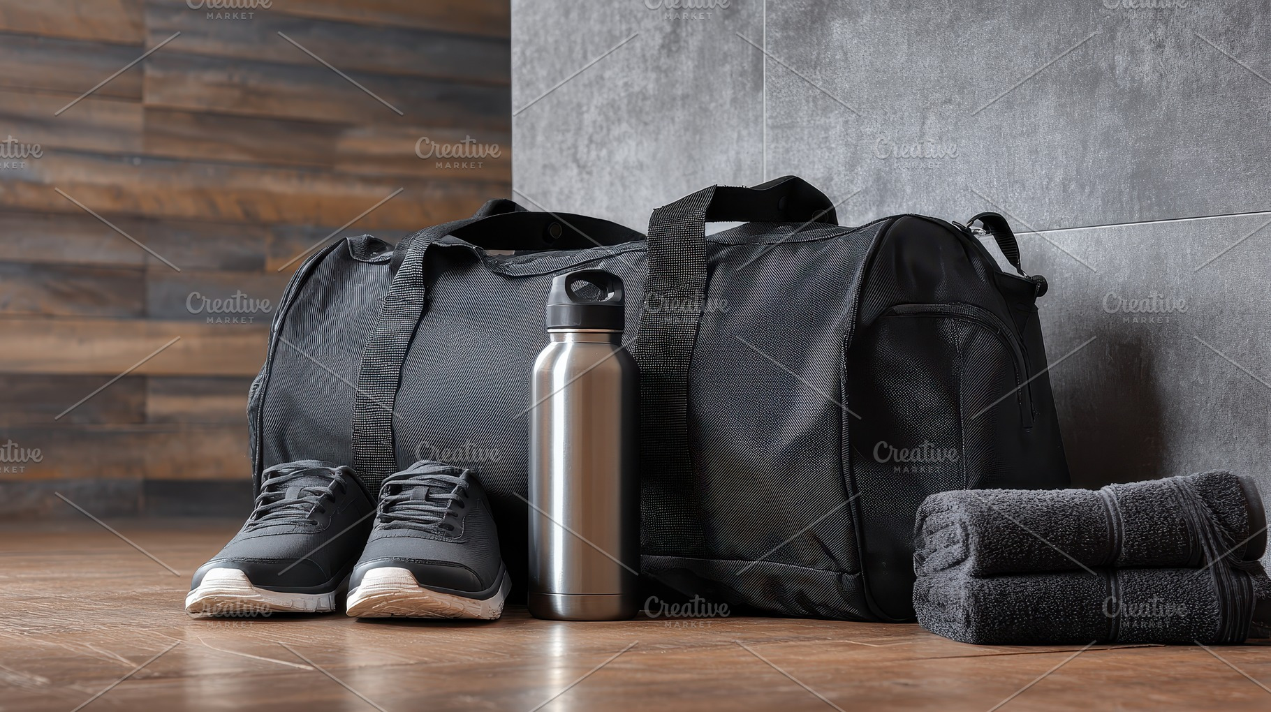 Black gym bag with water bottle, a Photo by Pavel_design