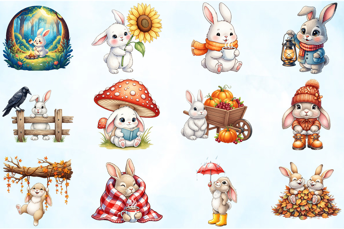 Watercolor Autumn Bunny Clipart, an Illustration by Craft Nest (Photo 3 of 6)