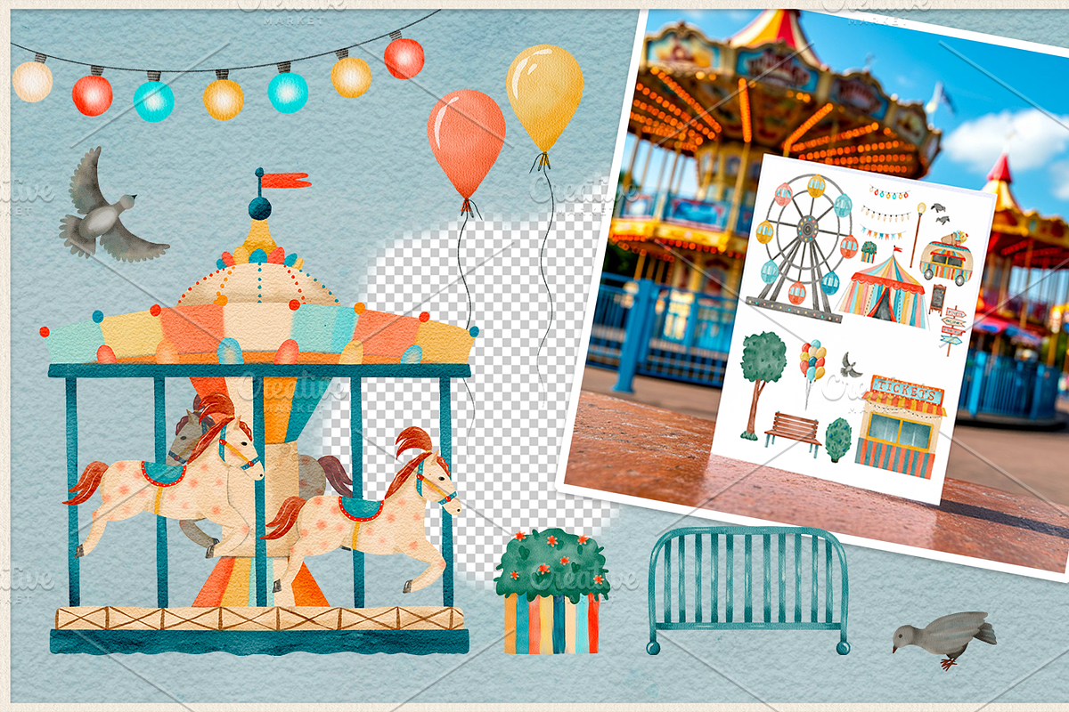 Amusement Park watercolor clip art, an Illustration by ARTerria (Photo 3 of 9)