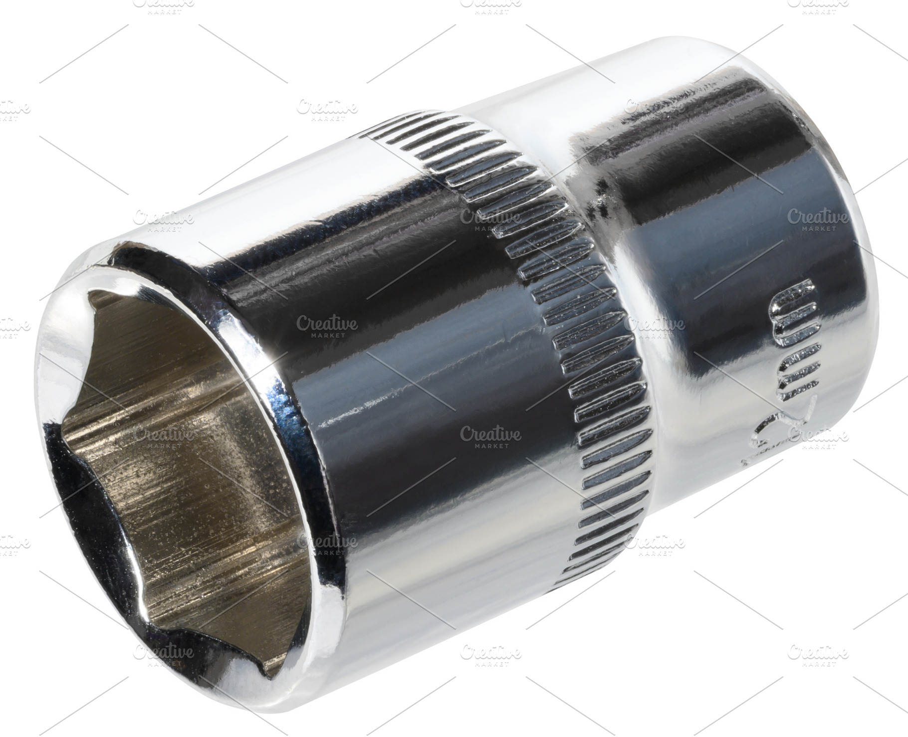 A shiny, chrome plated metal socket wrench head, an essential ha, an Industrial Photo by ndanko